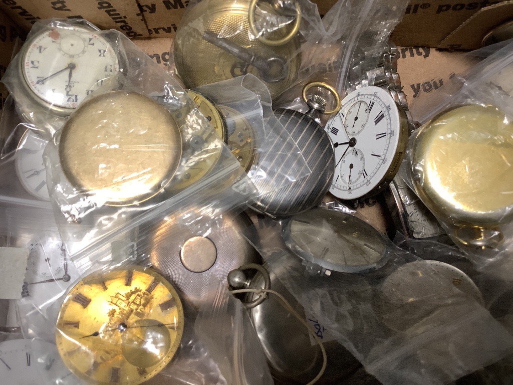 Large quantity of assorted pocket watches and movements and parts etc. including a large base metal calendar moonphase watch, most items a.f.